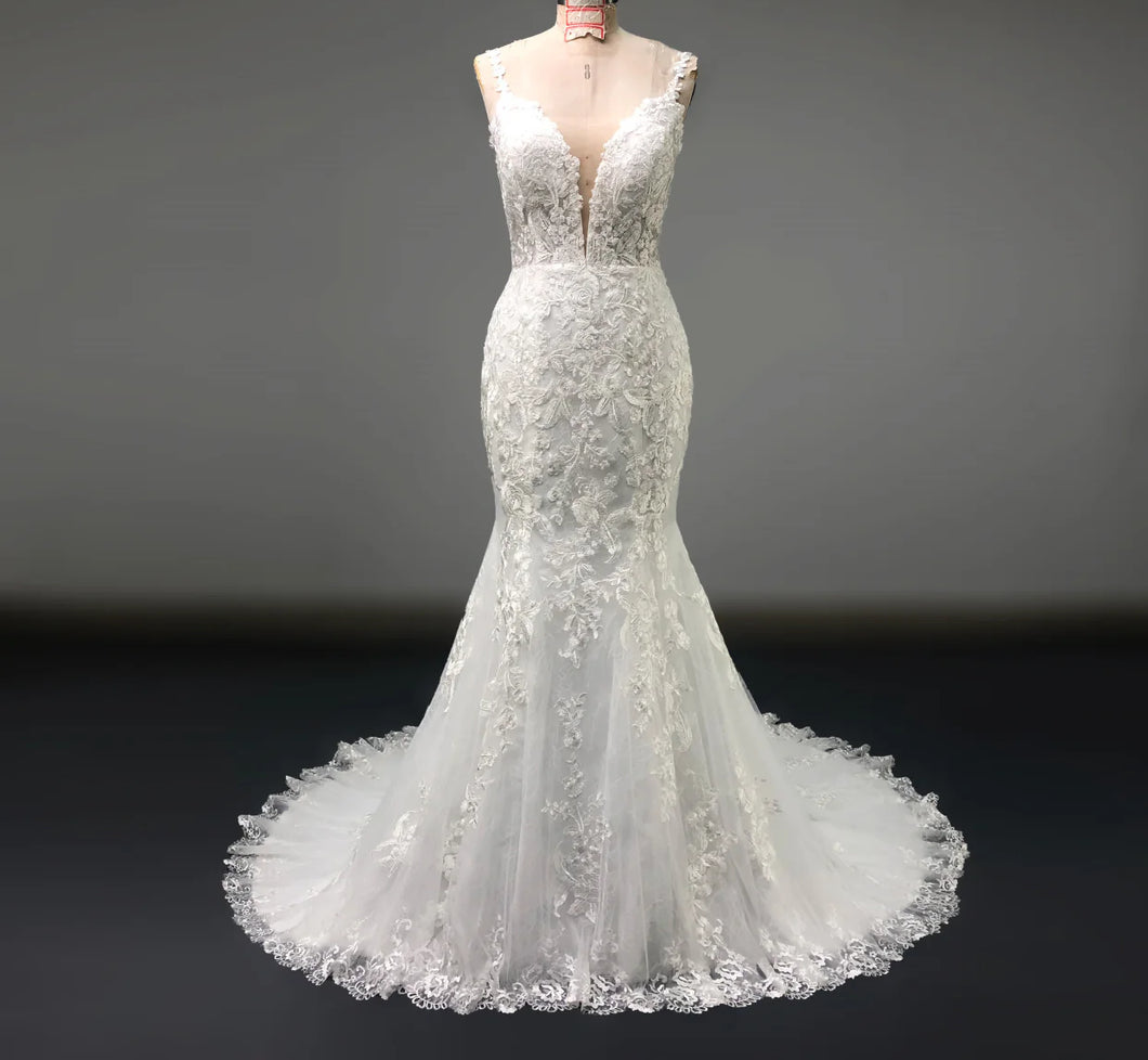 Logan - Lace mermaid wedding dress with illusion neckline