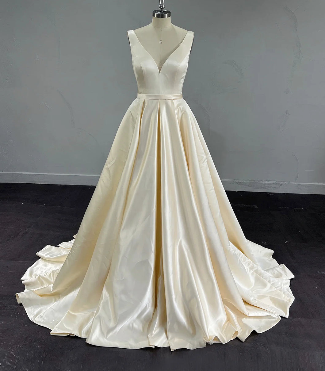 Classic V Back Champagne Satin Wedding Dress