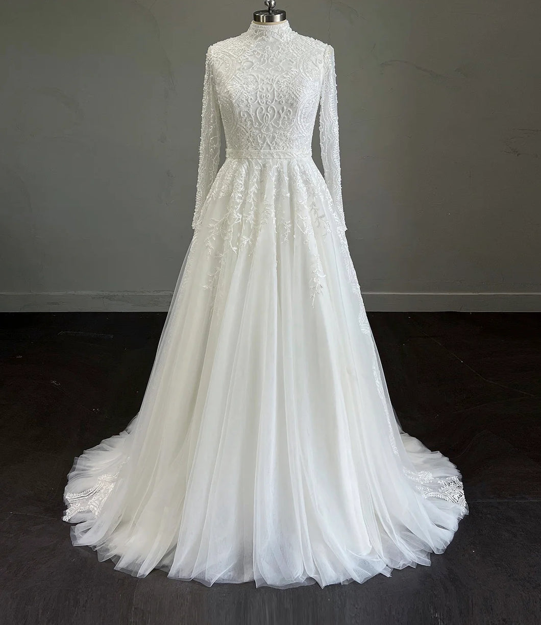 Nola - Long sleeve organza and tulle ballgown with crochet beaded lace