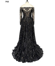 Load image into Gallery viewer, Madeline - Black Sequin Lace Off Shoulder Long Sleeves

