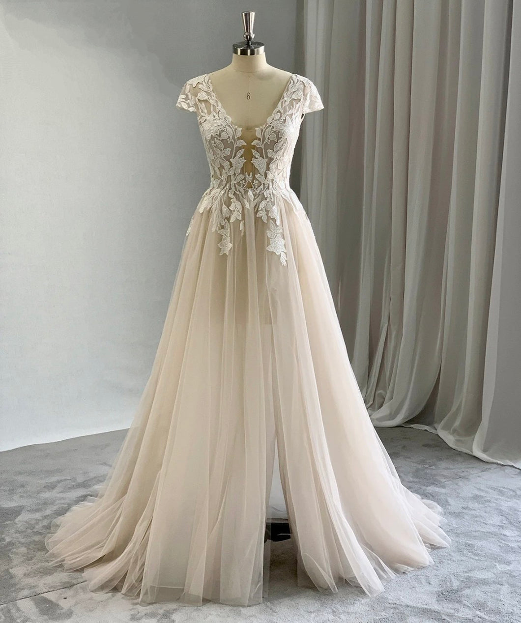 Kaylie - Cap sleeve a-line lace and chiffon wedding dress with split