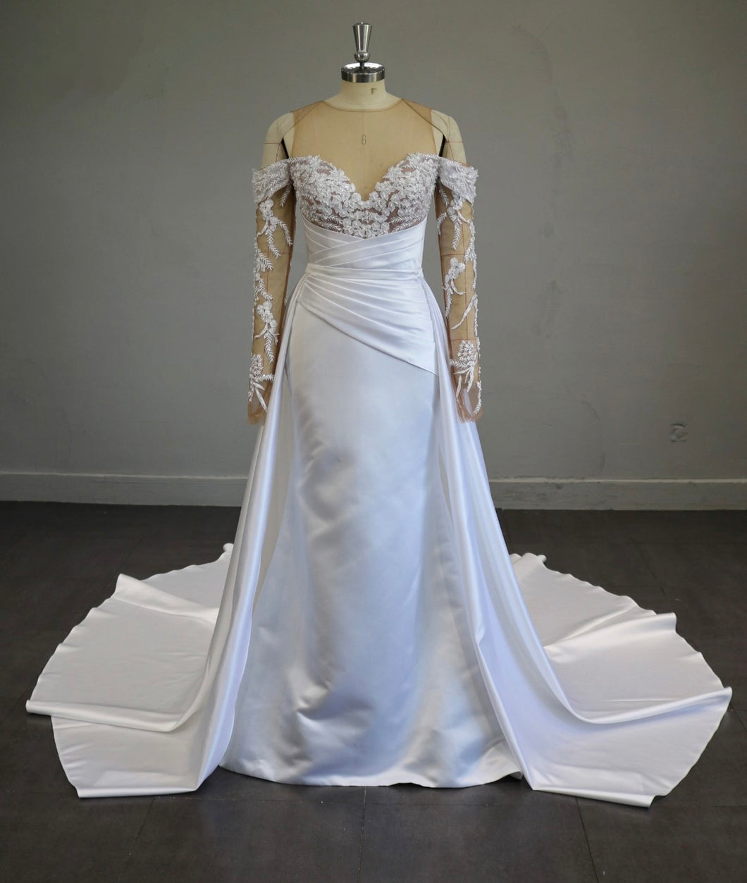 Mila - Beaded Lace Detachable Train Satin Wedding Dress