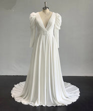 Load image into Gallery viewer, Kimberly - Deep V crepe wedding dress with puff long sleeves
