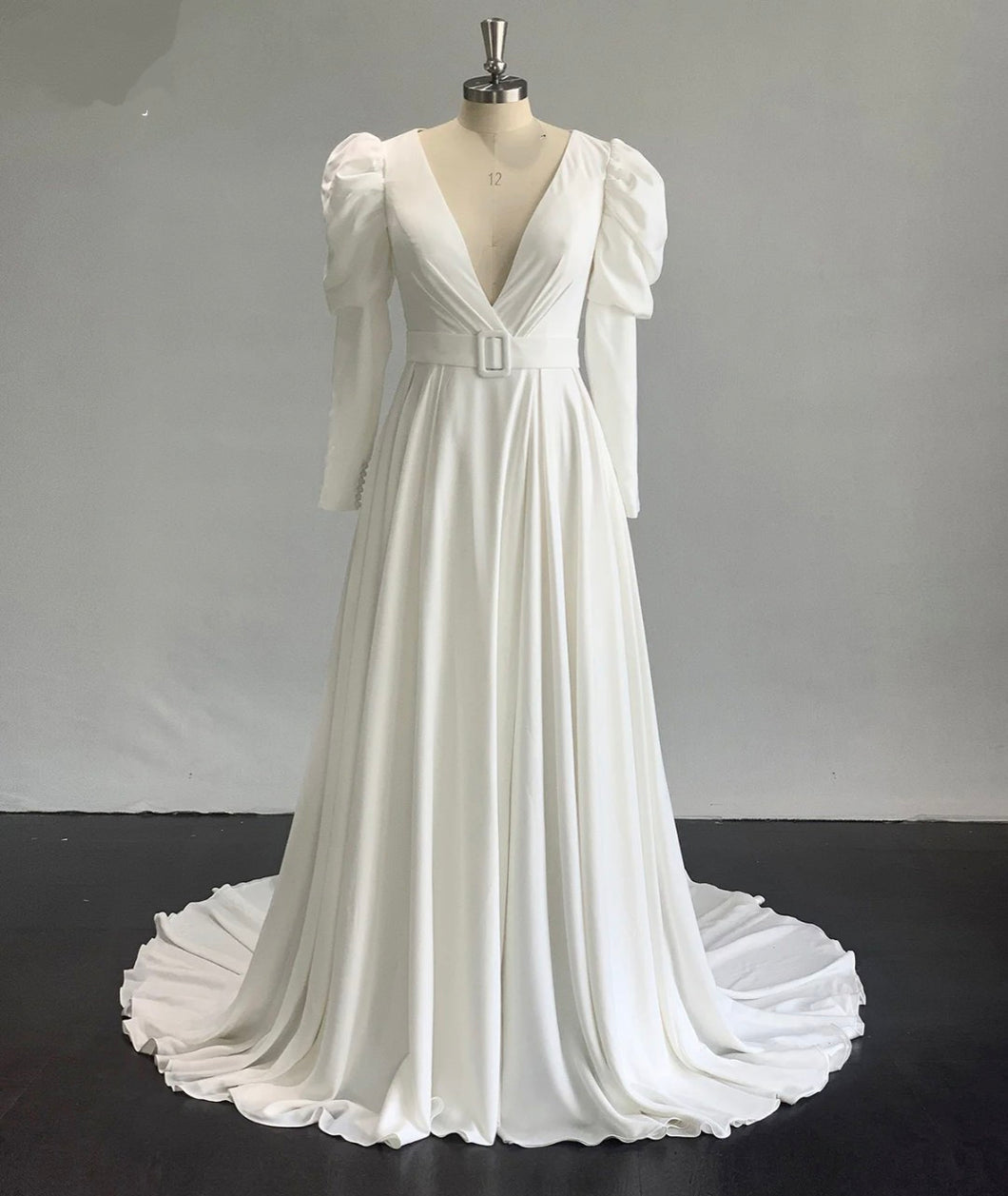 Kimberly - Deep V crepe wedding dress with puff long sleeves