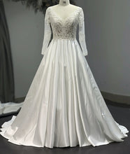 Load image into Gallery viewer, Jasmine - Long Sleeve Satin Aline Wedding Dress with Lace Bodice
