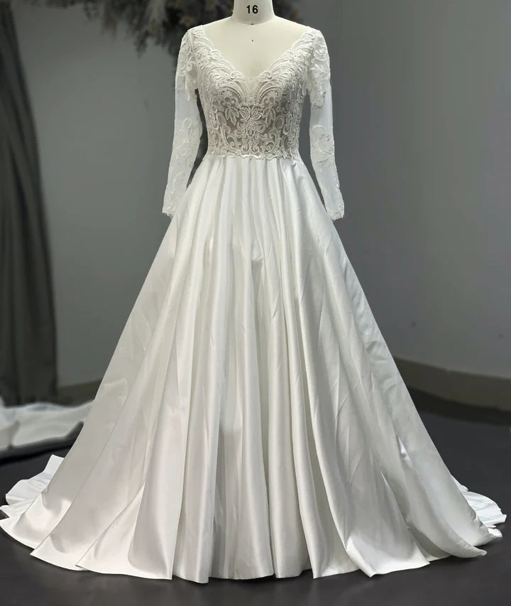 Jasmine - Long Sleeve Satin Aline Wedding Dress with Lace Bodice