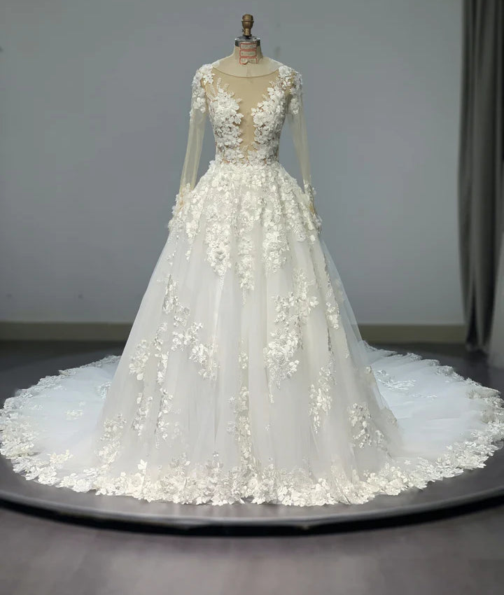 Janet - 3D Floral Ball Gown  with Illusion Long Sleeves and Back