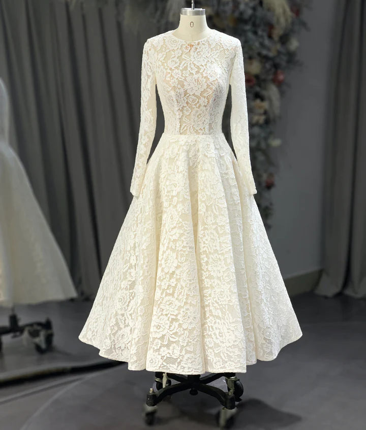 Justina - Long Sleeve Lace Tea Length Wedding Dress