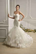 Load image into Gallery viewer, Carlin - Strapless mermaid with lattice lace appliques and layered ruffle skirt
