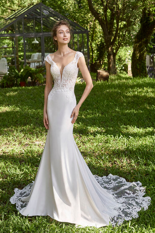 Flynn - Lace bodice sheath wedding dress with illusion neckline