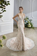 Load image into Gallery viewer, Cynthia - Lace sheath wedding dress with nude lining
