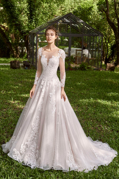 Frankie - Long sleeve ball gown with illusion neckline.