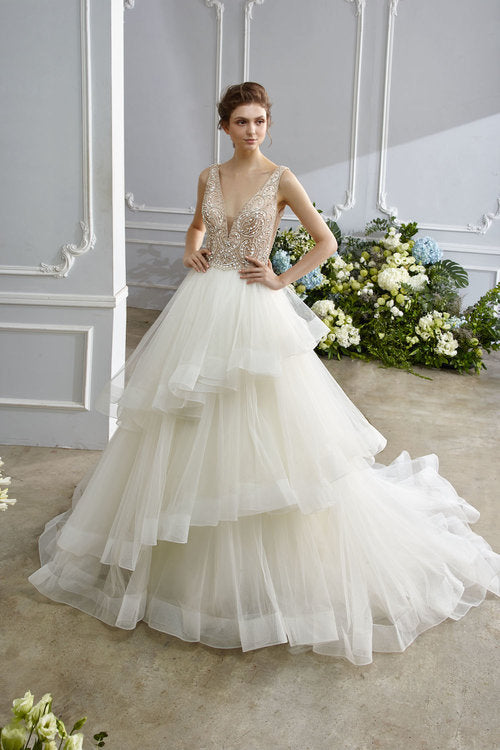 Christina - Layered A-Line dress with Plunging beaded bodice