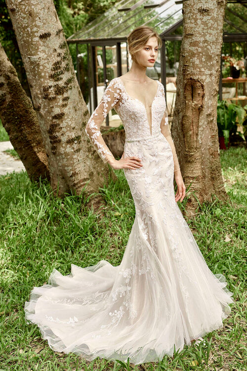 Faith - Beaded lace sheath wedding dress with illusion long sleeve and neckline