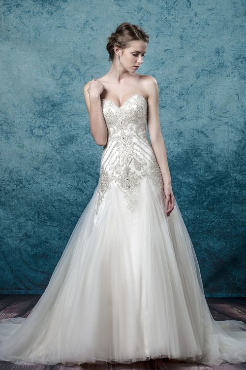 Emma - Strapless silver beaded tulle trumpet wedding dress