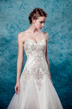 Load image into Gallery viewer, Emma - Strapless silver beaded tulle trumpet wedding dress
