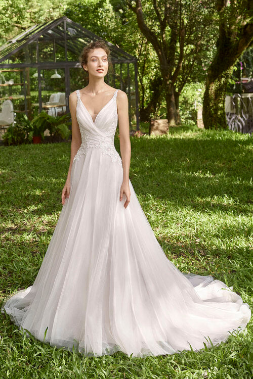 Fiona - Pleated A-Line wedding dress with illusion neckline