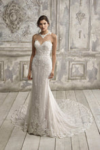 Load image into Gallery viewer, Betsy - Beaded lace halter sheath wedding dress with illusion neckline
