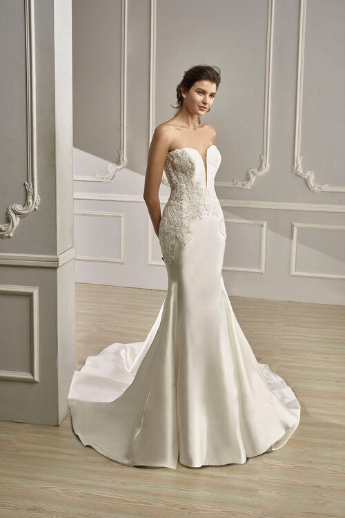 Clara - Embroidered lace strapless satin mermaid with illusion neckline