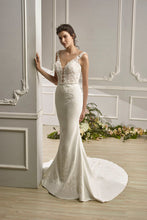 Load image into Gallery viewer, Carley - Satin sheath wedding dress with lace appliques and illusion neckline
