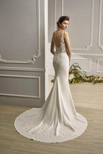 Load image into Gallery viewer, Carley - Satin sheath wedding dress with lace appliques and illusion neckline

