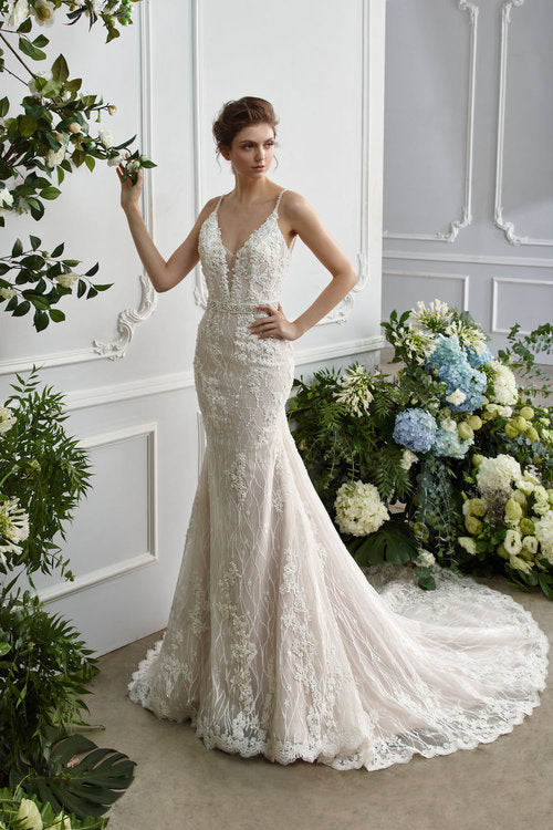 Catherine - Beaded lace champagne trumpet dress